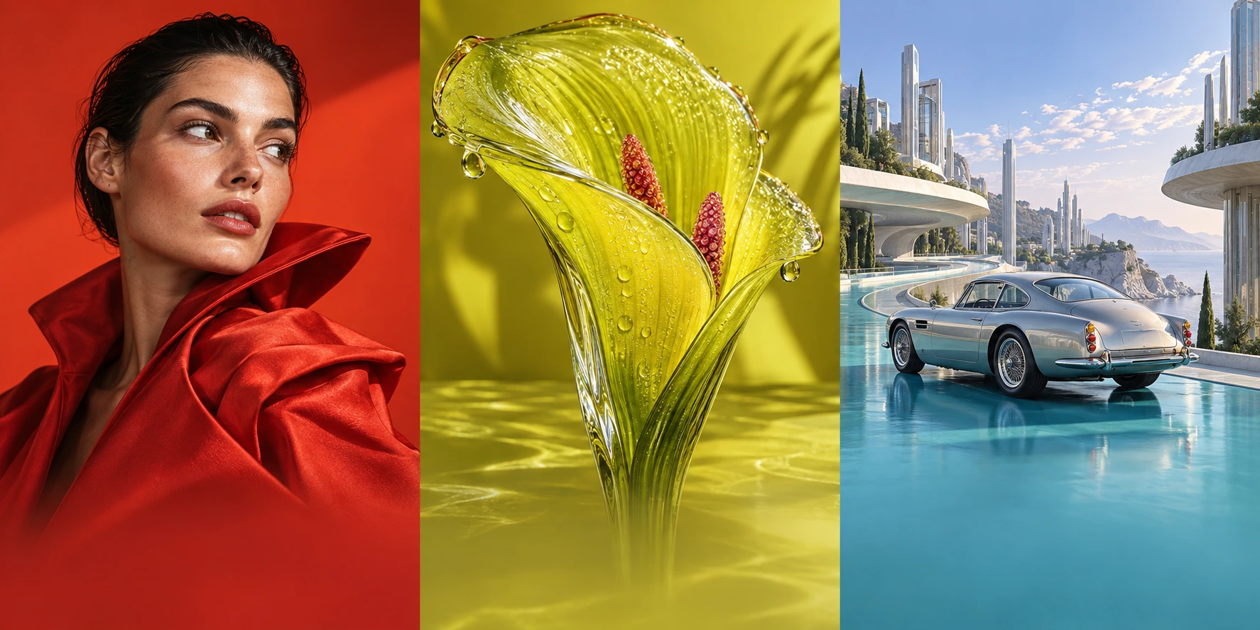 An editorial triptych of a red fashion portrait, a yellow glass flower, and a silver car in a futuristic city; illustrative AI artwork